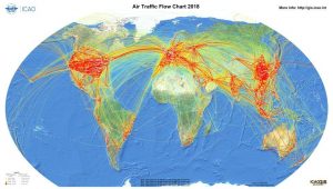 Air Traffic flow chart using a heat map and tracing to show the global flow of air passenger travel. Short to medium trips in the global north predominate